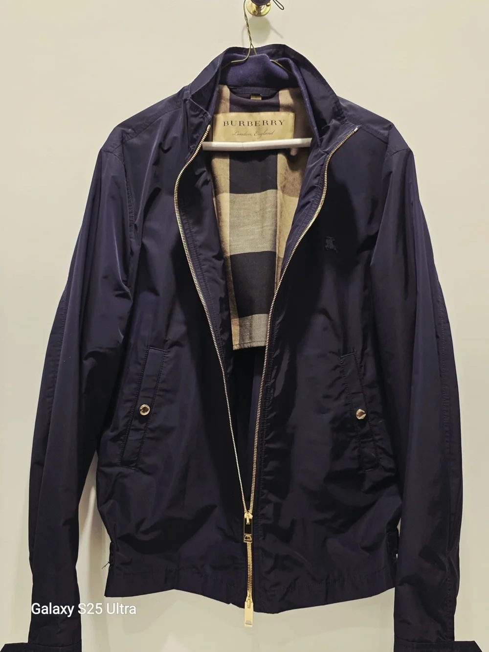Burberry Navy Lightweight Zip-Up Jacket with Check Lining